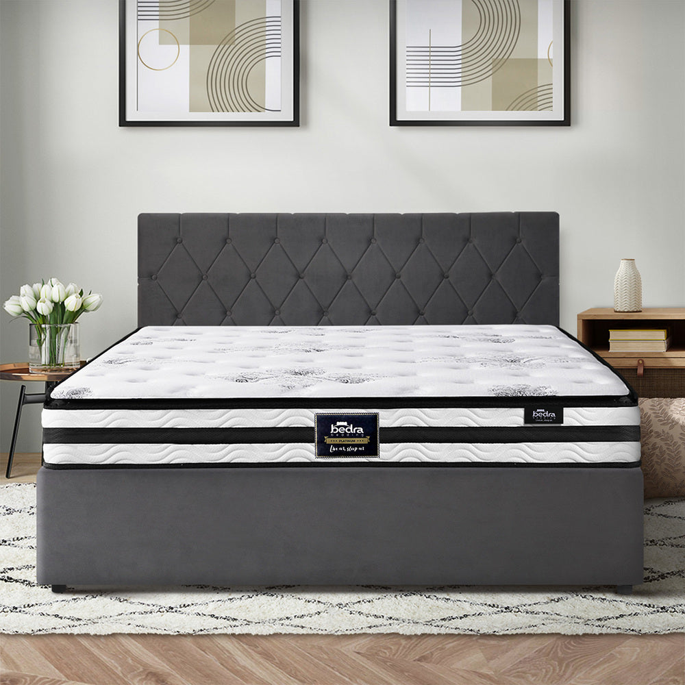 Oikiture Bed Frame King Size Gas Lift Base with Mattress Velvet Grey-Bed Frame-PEROZ Accessories