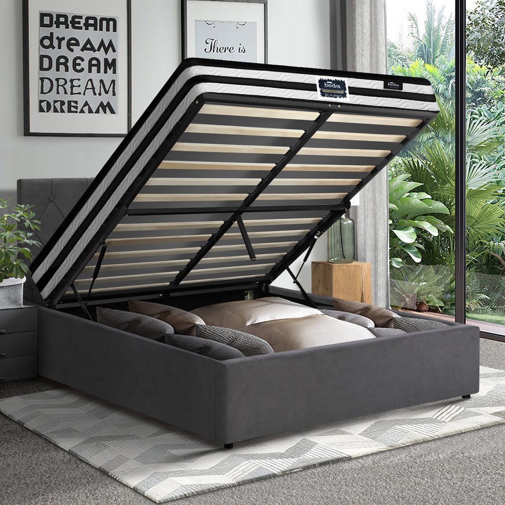 Oikiture Bed Frame King Single Size with Mattress Velvet Grey-Bed Frame-PEROZ Accessories