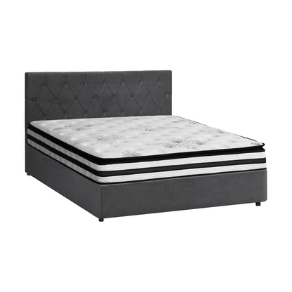 Oikiture Bed Frame Queen Size Gas Lift Base with Mattress Velvet Grey-Bed Frame-PEROZ Accessories