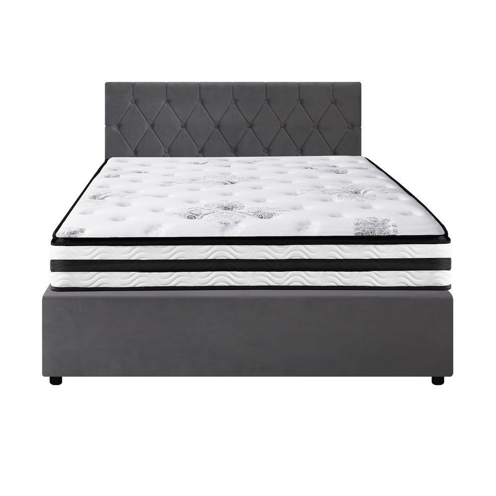 Oikiture Bed Frame Queen Size Gas Lift Base with Mattress Velvet Grey-Bed Frame-PEROZ Accessories