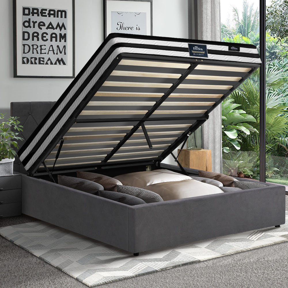 Oikiture Bed Frame Queen Size Gas Lift Base with Mattress Velvet Grey-Bed Frame-PEROZ Accessories