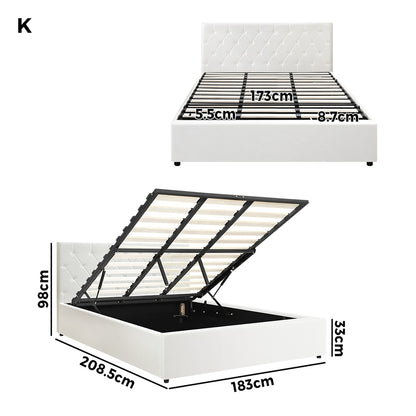 Oikiture Bed Frame King Size Gas Lift Base Storage Leather White-Bed Frames-PEROZ Accessories