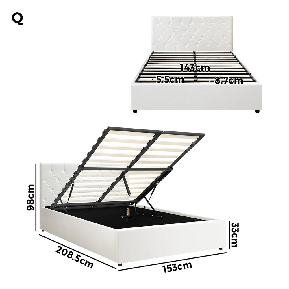 Oikiture Bed Frame Queen Size Gas Lift Base Storage Leather White-Bed Frames-PEROZ Accessories