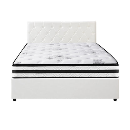 Oikiture Bed Frame Double Size Gas Lift with Mattress White Leather-Bed Frame-PEROZ Accessories