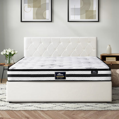 Oikiture Bed Frame Double Size Gas Lift with Mattress White Leather-Bed Frame-PEROZ Accessories