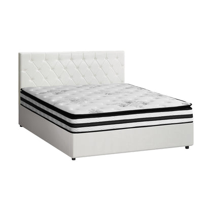 Oikiture Bed Frame King Size Gas Lift Base with Mattress White Leather-Bed Frame-PEROZ Accessories