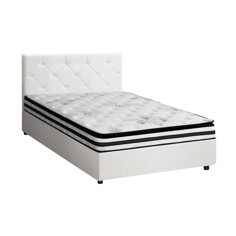 Oikiture Bed Frame King Single Size with Mattress White Leather-Bed Frame-PEROZ Accessories