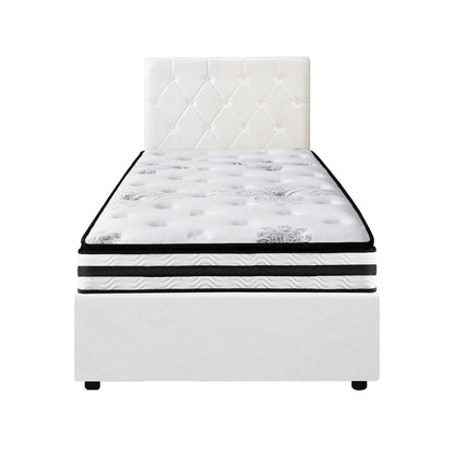 Oikiture Bed Frame King Single Size with Mattress White Leather-Bed Frame-PEROZ Accessories