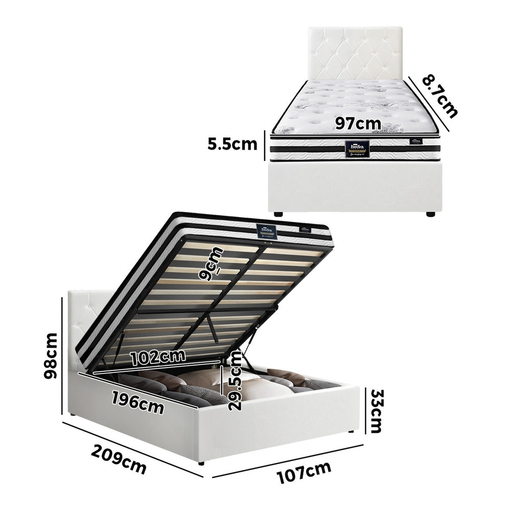 Oikiture Bed Frame King Single Size with Mattress White Leather-Bed Frame-PEROZ Accessories