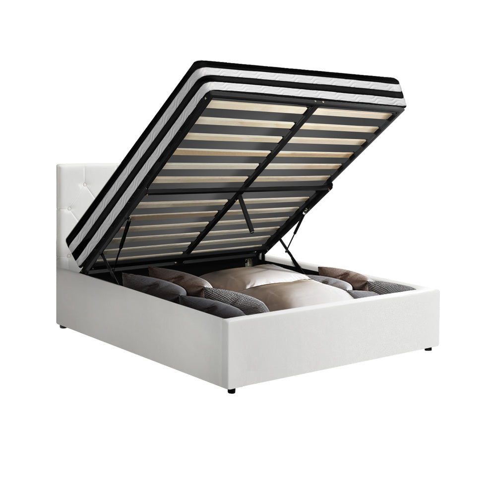 Oikiture Bed Frame King Single Size with Mattress White Leather-Bed Frame-PEROZ Accessories