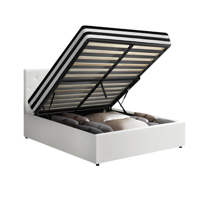 Oikiture Bed Frame King Single Size with Mattress White Leather-Bed Frame-PEROZ Accessories