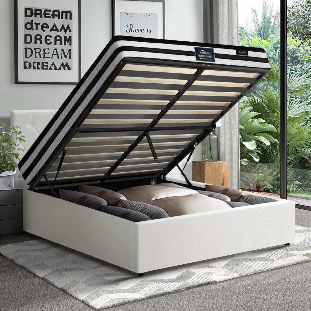 Oikiture Bed Frame King Single Size with Mattress White Leather-Bed Frame-PEROZ Accessories