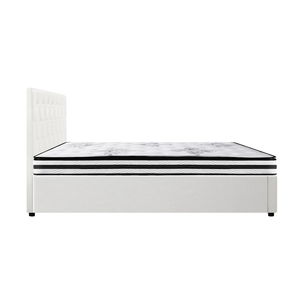 Oikiture Bed Frame Queen Size Gas Lift with Mattress White Leather-Bed Frame-PEROZ Accessories