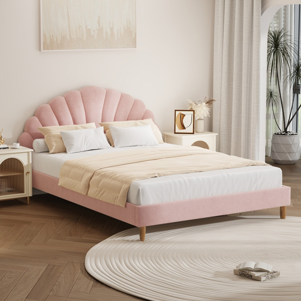 Oikiture Bed Frame Double Size Scallop-Shape Bedhead Pink Velvet-Bed Frame-PEROZ Accessories