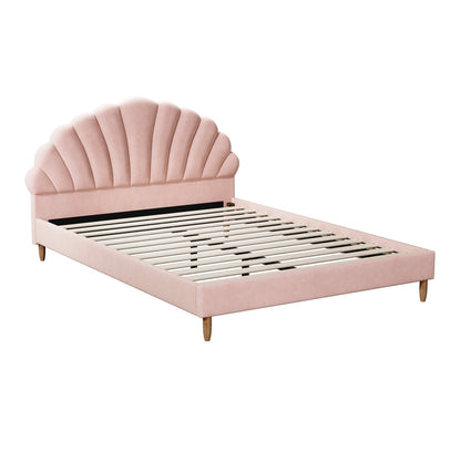 Oikiture Bed Frame Double Size Scallop-Shape Bedhead Pink Velvet-Bed Frame-PEROZ Accessories