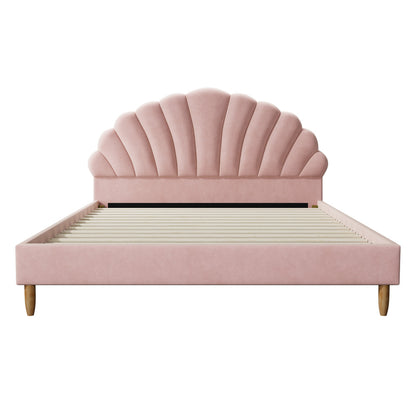Oikiture Bed Frame Double Size Scallop-Shape Bedhead Pink Velvet-Bed Frame-PEROZ Accessories