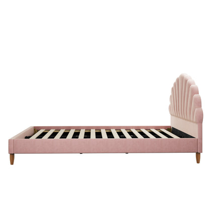 Oikiture Bed Frame Double Size Scallop-Shape Bedhead Pink Velvet-Bed Frame-PEROZ Accessories