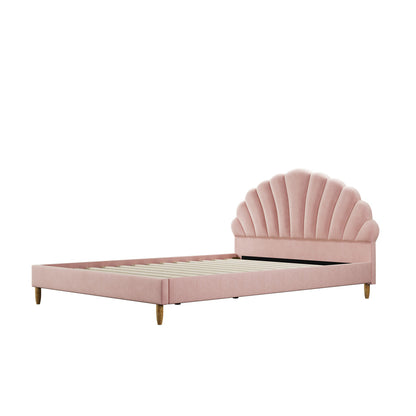 Oikiture Bed Frame Double Size Scallop-Shape Bedhead Pink Velvet-Bed Frame-PEROZ Accessories