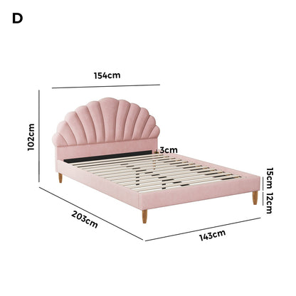 Oikiture Bed Frame Double Size Scallop-Shape Bedhead Pink Velvet-Bed Frame-PEROZ Accessories