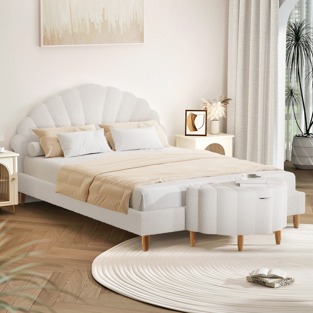 Oikiture Boucle Bed Frame with Ottoman Set Scallop Shaped Sherpa Bedhead Double-Bed Frames-PEROZ Accessories