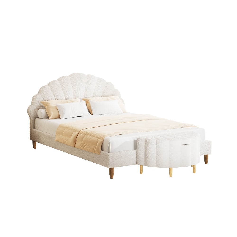 Oikiture Boucle Bed Frame with Ottoman Set Scallop Shaped Sherpa Bedhead Double-Bed Frames-PEROZ Accessories
