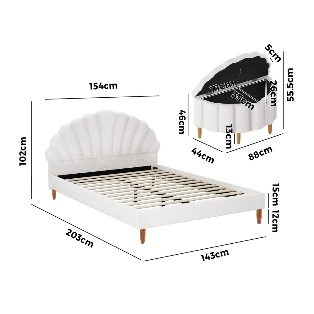 Oikiture Boucle Bed Frame with Ottoman Set Scallop Shaped Sherpa Bedhead Double-Bed Frames-PEROZ Accessories