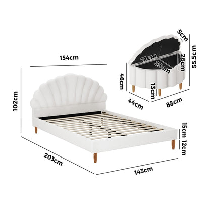 Oikiture Boucle Bed Frame with Ottoman Set Scallop Shaped Sherpa Bedhead Double-Bed Frames-PEROZ Accessories