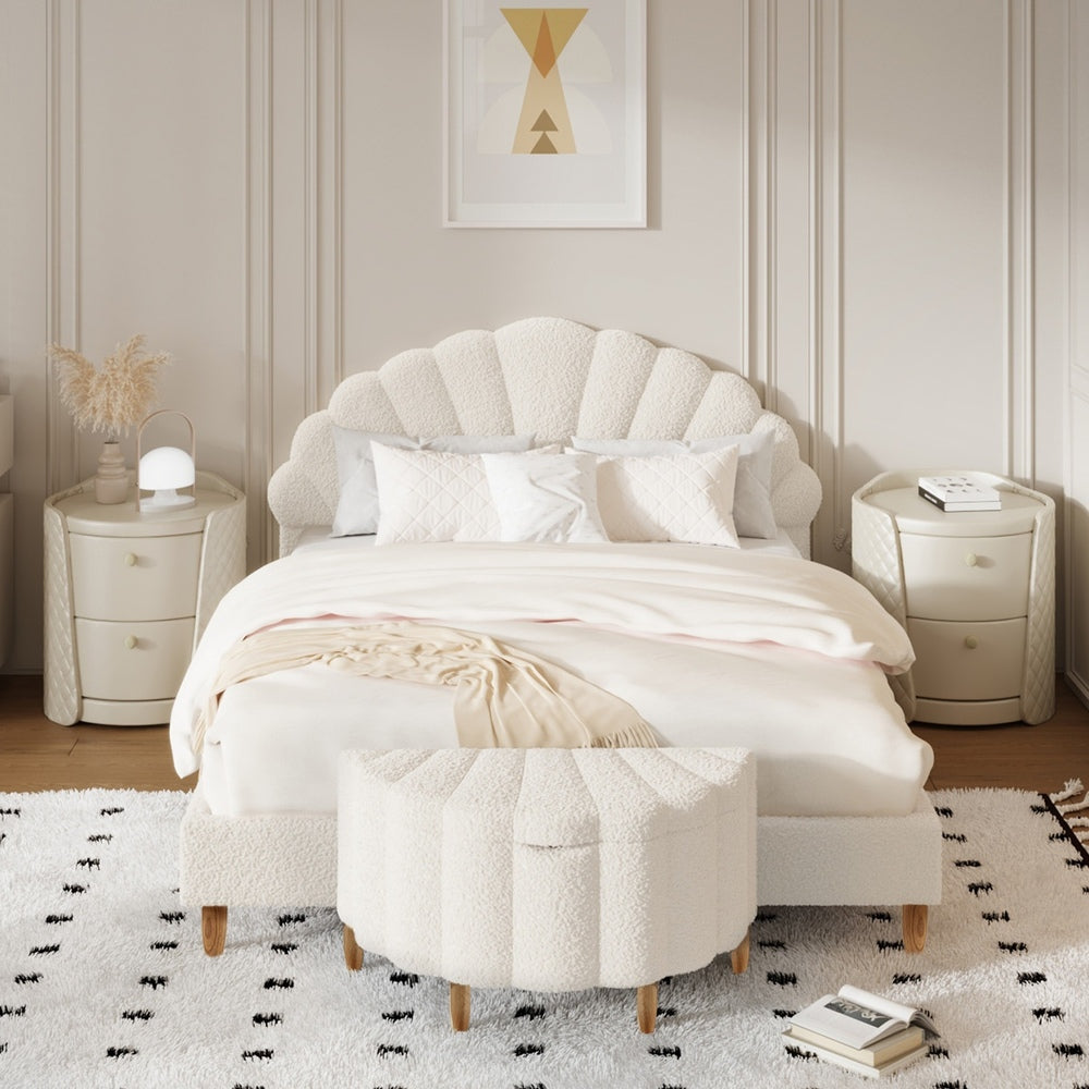 Oikiture Boucle Bed Frame with Ottoman Set Scallop Shaped Sherpa Bedhead Double-Bed Frames-PEROZ Accessories