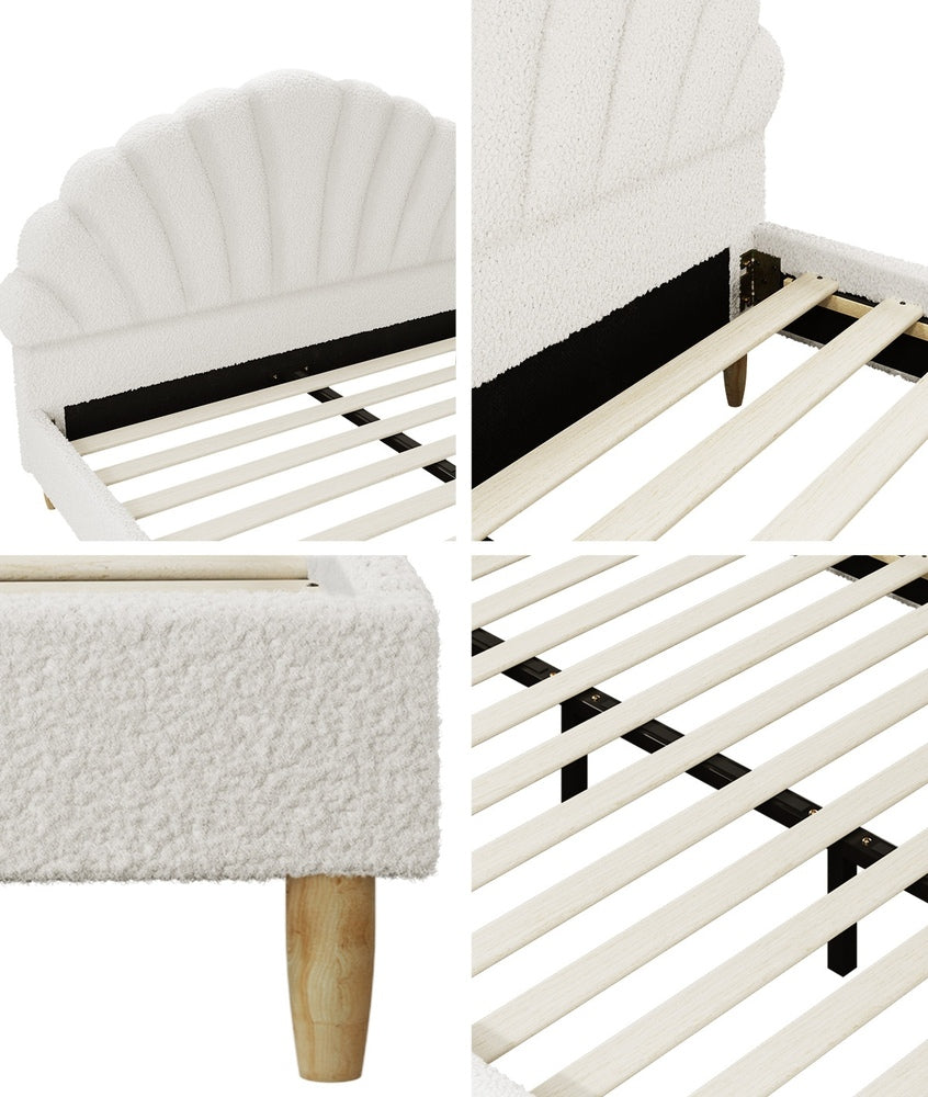 Oikiture Boucle Bed Frame with Ottoman Set Scallop Shaped Sherpa Bedhead Double-Bed Frames-PEROZ Accessories