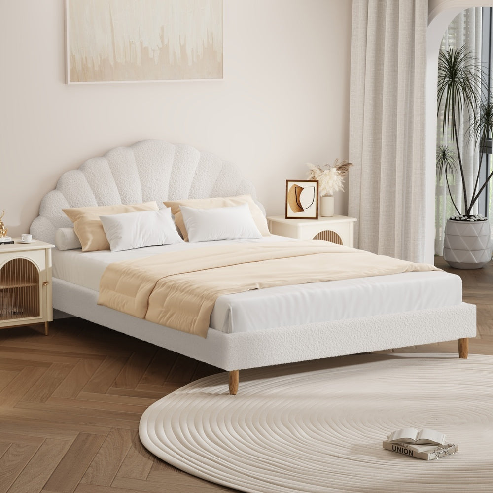 Oikiture Bed Frame Double Size Scallop-Shape Bedhead White Boucle-Bed Frame-PEROZ Accessories