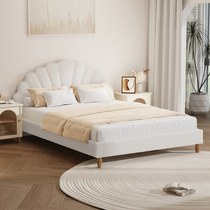 Oikiture Bed Frame Double Size Scallop-Shape Bedhead White Boucle-Bed Frame-PEROZ Accessories