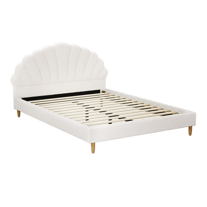 Oikiture Bed Frame Double Size Scallop-Shape Bedhead White Boucle-Bed Frame-PEROZ Accessories