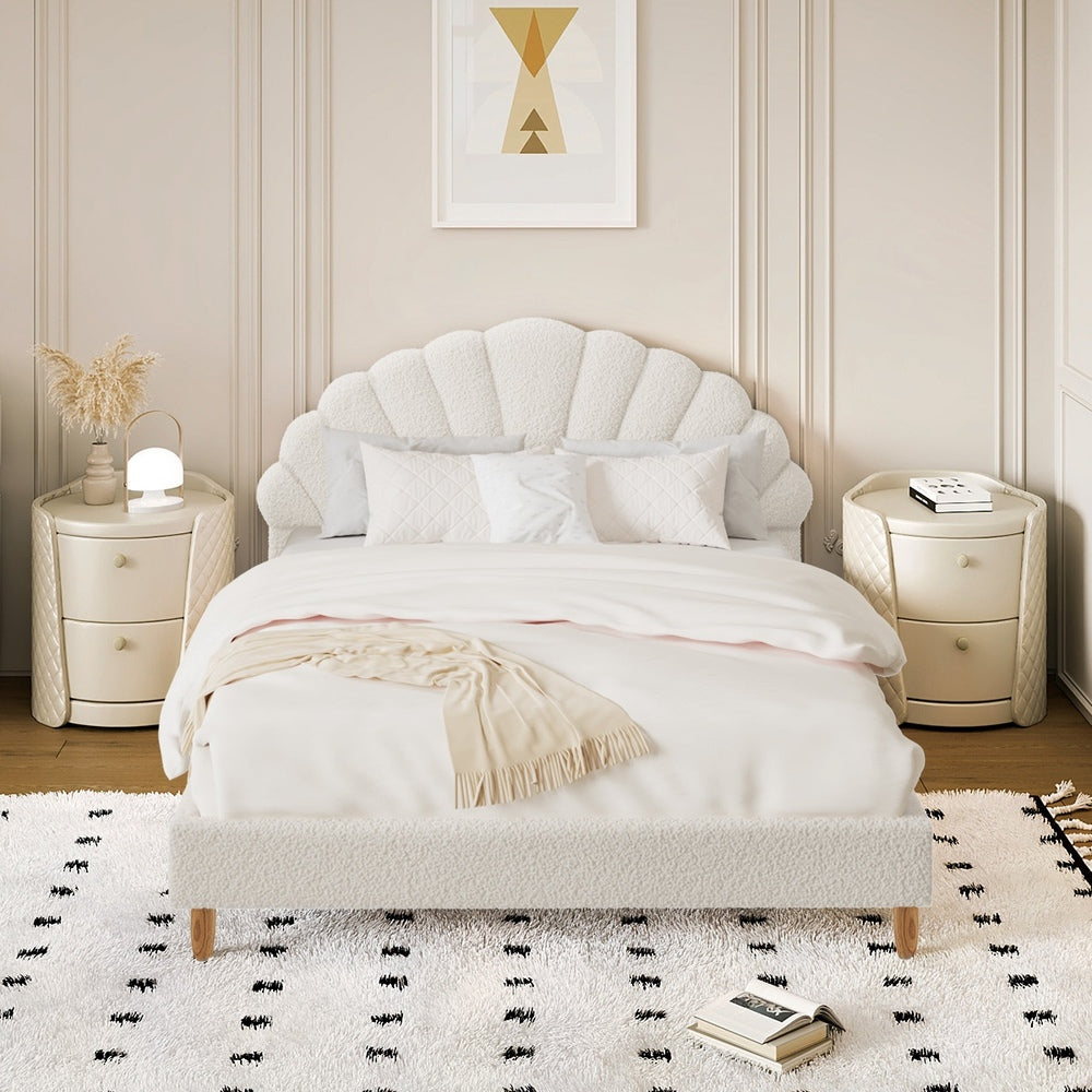Oikiture Bed Frame Double Size Scallop-Shape Bedhead White Boucle-Bed Frame-PEROZ Accessories