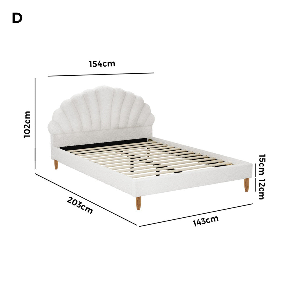 Oikiture Bed Frame Double Size Scallop-Shape Bedhead White Boucle-Bed Frame-PEROZ Accessories