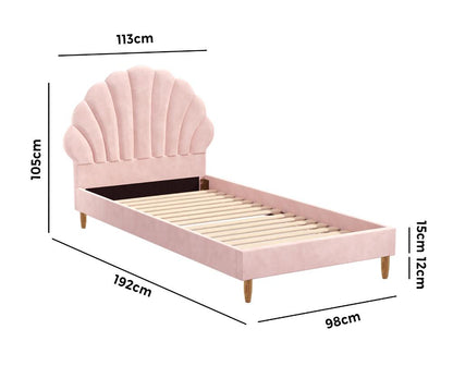 Oikiture Single Bed Frame Scallop-Shape Bedhead Pink Velvet-Bed Frames-PEROZ Accessories