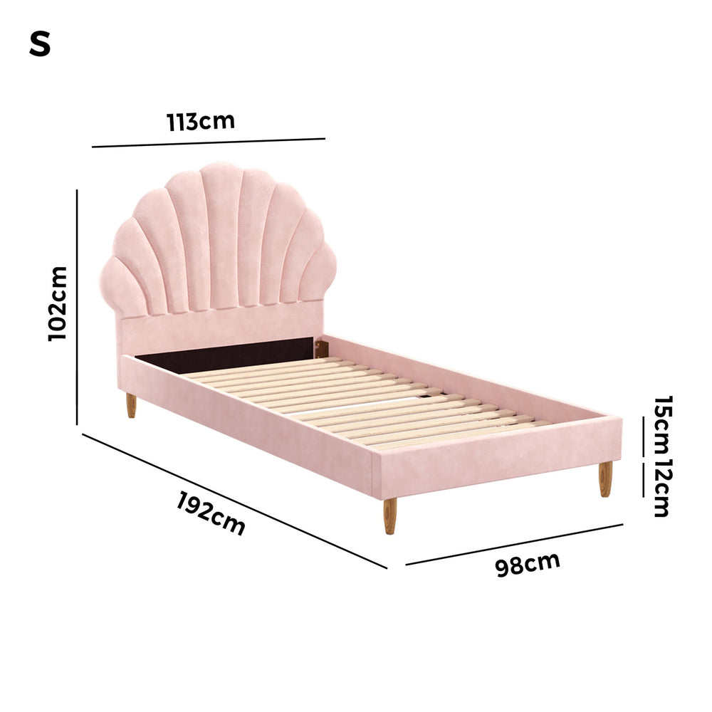 Oikiture Single Bed Frame Scallop-Shape Bedhead Pink Velvet-Bed Frames-PEROZ Accessories
