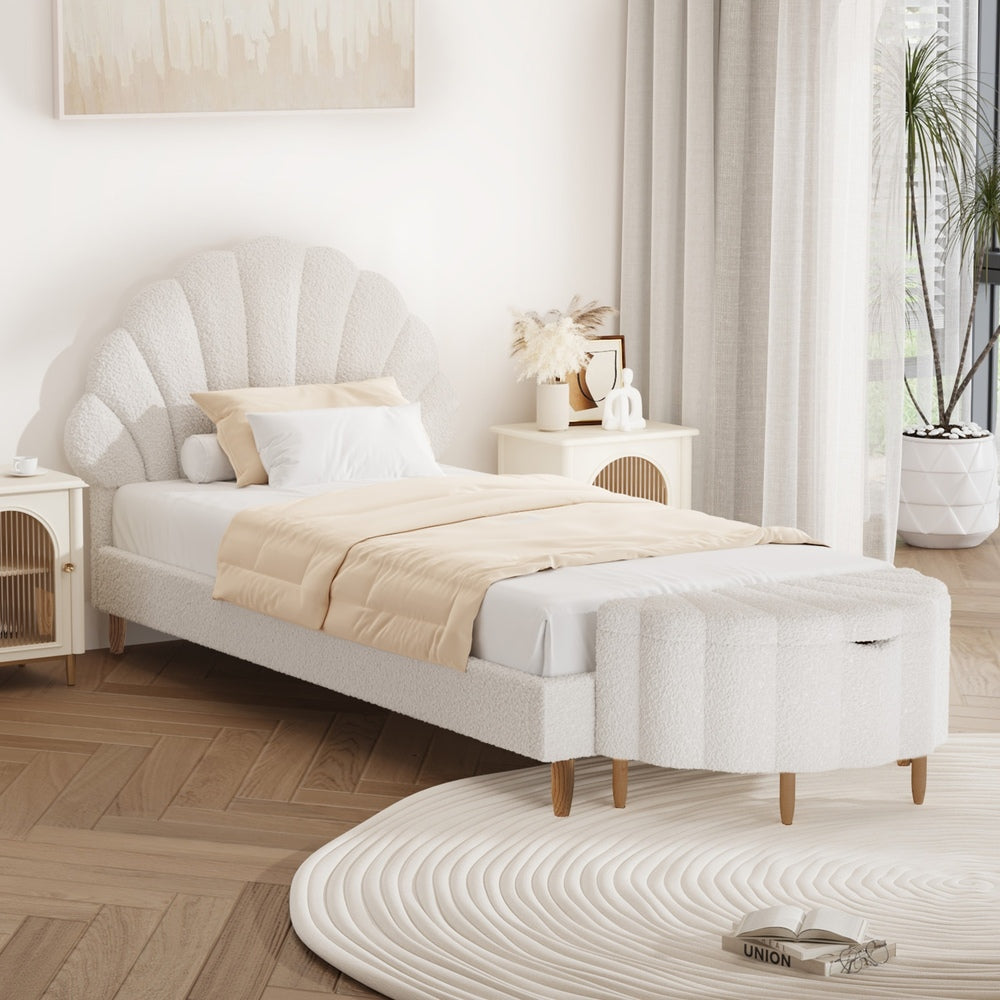 Oikiture Boucle Bed Frame with Ottoman Set Scallop Shaped Sherpa Bedhead Single-Bed Frame-PEROZ Accessories