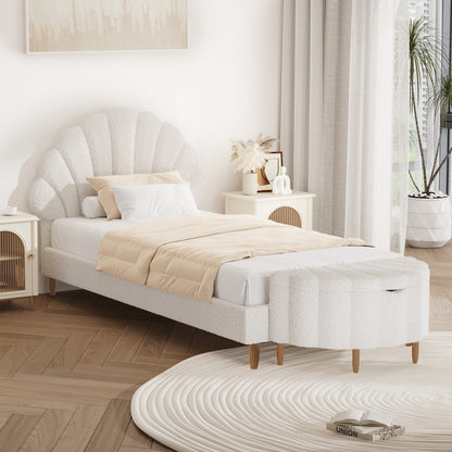 Oikiture Boucle Bed Frame with Ottoman Set Scallop Shaped Sherpa Bedhead Single-Bed Frame-PEROZ Accessories