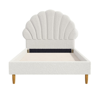 Oikiture Boucle Bed Frame with Ottoman Set Scallop Shaped Sherpa Bedhead Single-Bed Frame-PEROZ Accessories