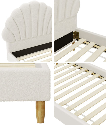 Oikiture Boucle Bed Frame with Ottoman Set Scallop Shaped Sherpa Bedhead Single-Bed Frame-PEROZ Accessories