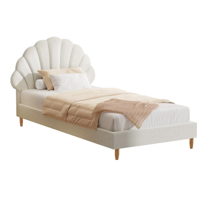 Oikiture Single Bed Frame Scallop-Shape Bedhead White Boucle-Bed Frames-PEROZ Accessories