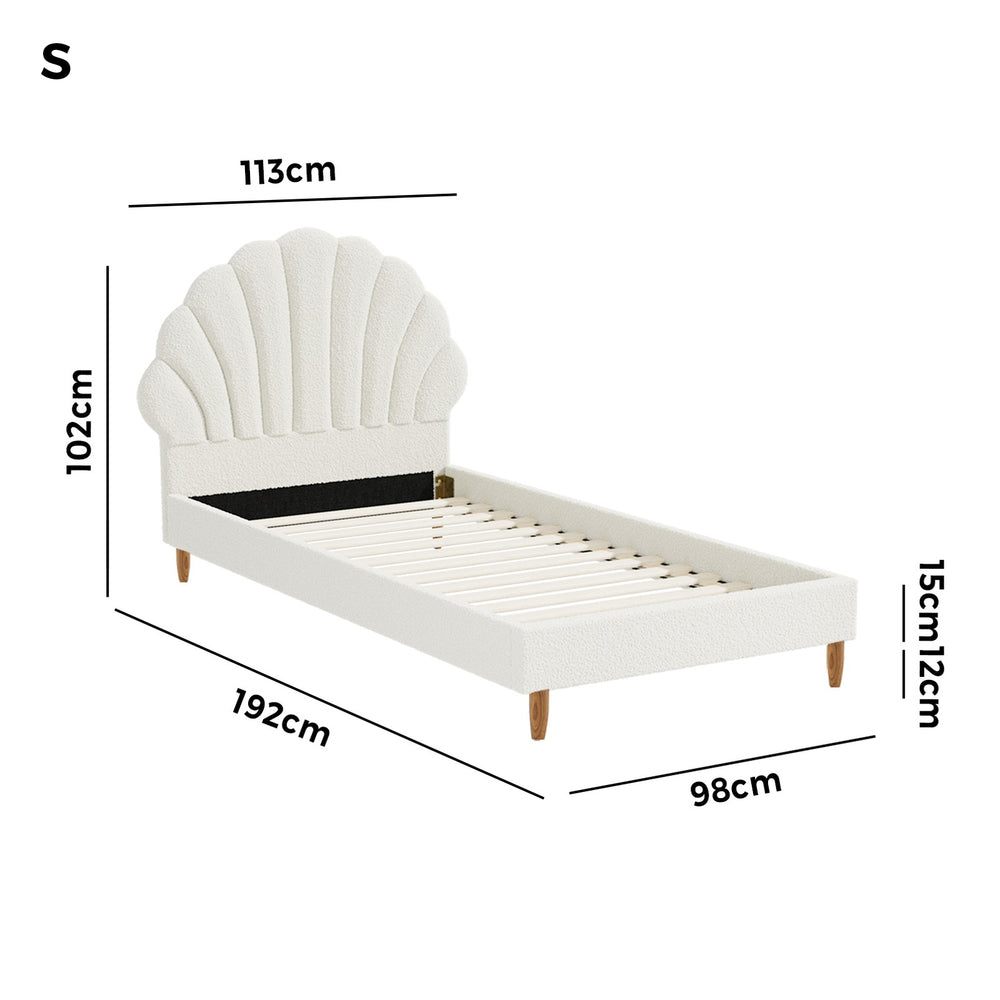 Oikiture Single Bed Frame Scallop-Shape Bedhead White Boucle-Bed Frames-PEROZ Accessories