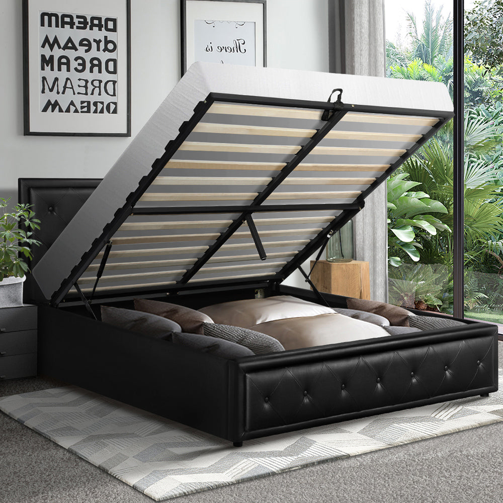 Oikiture Double Bed Frame with Storage Space Gas Lift Bed Mattress Base Black-Bed Frames-PEROZ Accessories