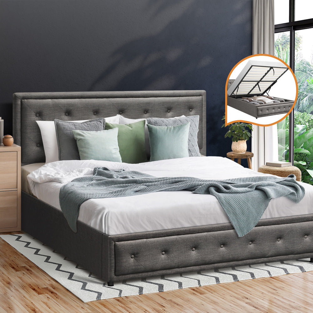 Oikiture Double Bed Frame with Storage Space Gas Lift Bed Mattress Base Grey