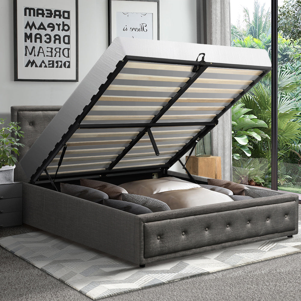 Oikiture Double Bed Frame with Storage Space Gas Lift Bed Mattress Base Grey-Bed Frame-PEROZ Accessories
