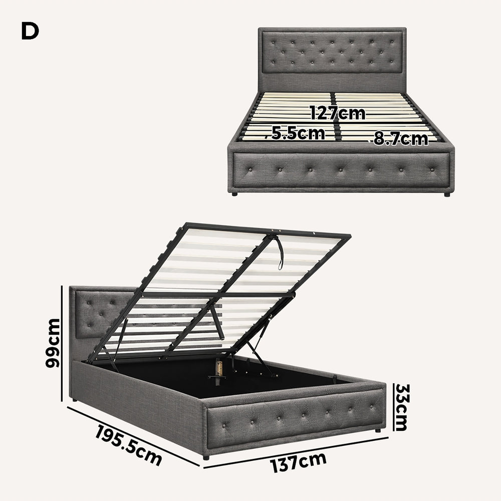 Oikiture Double Bed Frame with Storage Space Gas Lift Bed Mattress Base Grey-Bed Frame-PEROZ Accessories