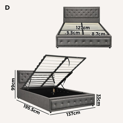 Oikiture Double Bed Frame with Storage Space Gas Lift Bed Mattress Base Grey-Bed Frame-PEROZ Accessories