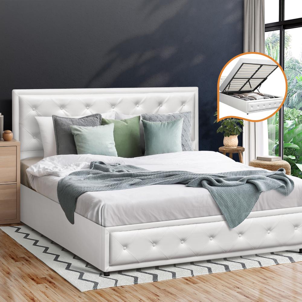 Oikiture Double Bed Frame with Storage Space Gas Lift Bed Mattress Base White-Bed Frames-PEROZ Accessories