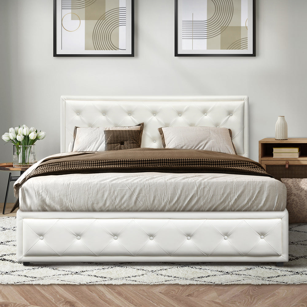 Oikiture Double Bed Frame with Storage Space Gas Lift Bed Mattress Base White-Bed Frames-PEROZ Accessories