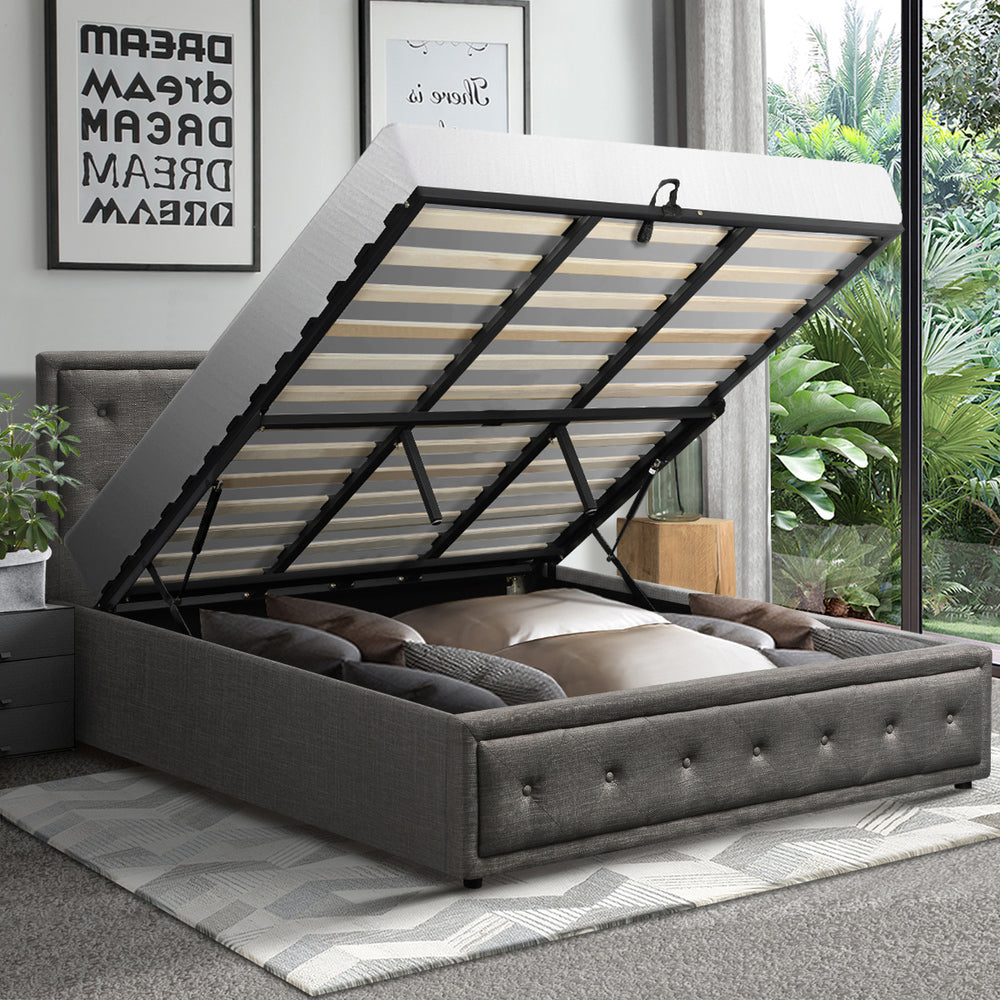 Oikiture King Bed Frame with Storage Space Gas Lift Bed Mattress Base Grey-Bed Frame-PEROZ Accessories